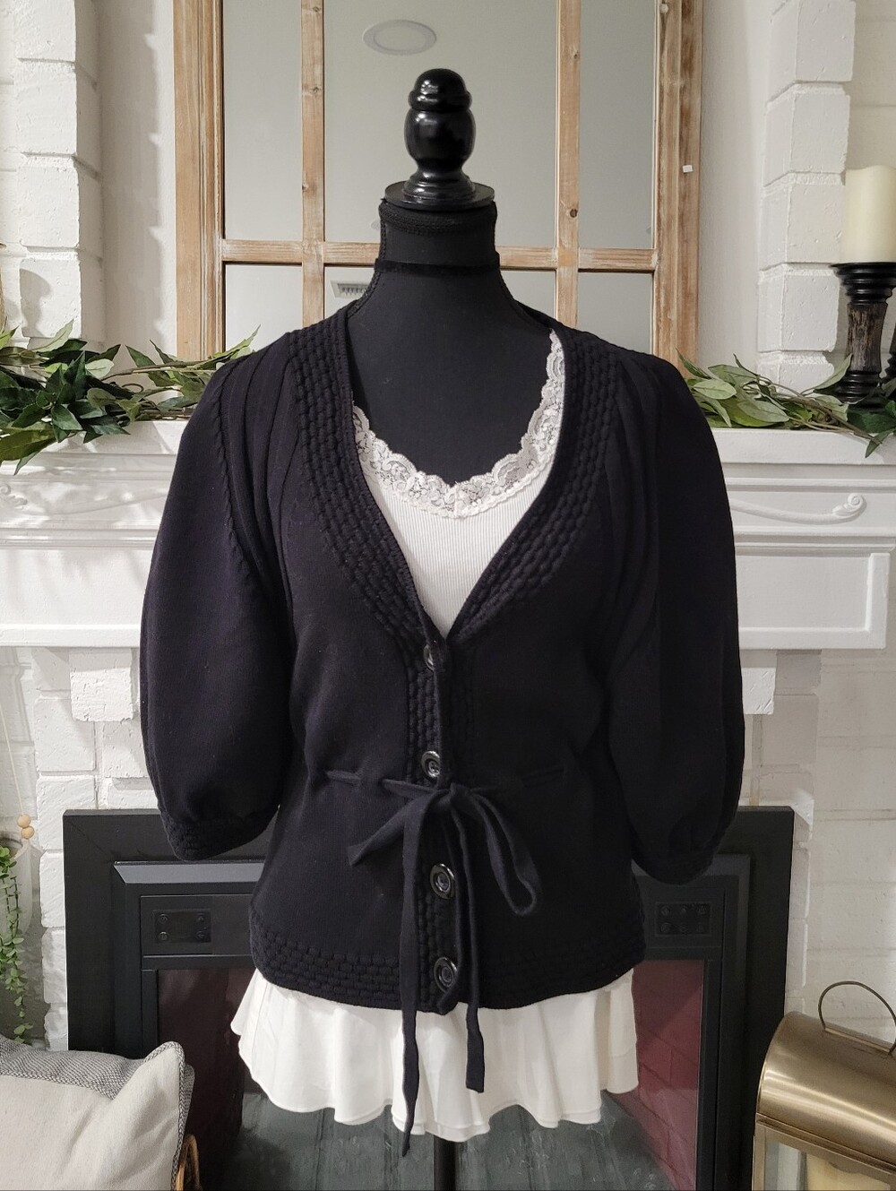 H&M Balletcore Black Knit Dolman Puff Sleeve Tie Waist Button Up Cardigan Medium